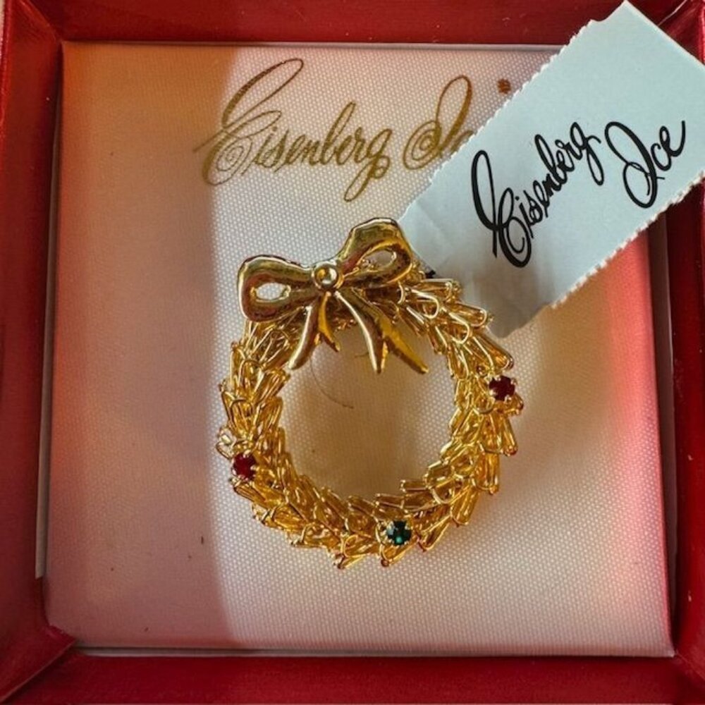 Eisenberg Ice Gold-Tone Christmas Wreath Brooch With Rhinestones & Bow